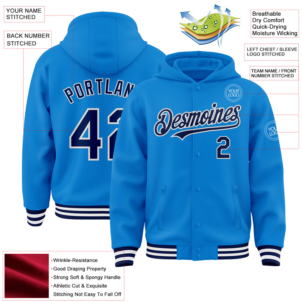 Custom Powder Blue Navy-White Bomber Full-Snap Varsity Letterman Hoodie Jacket