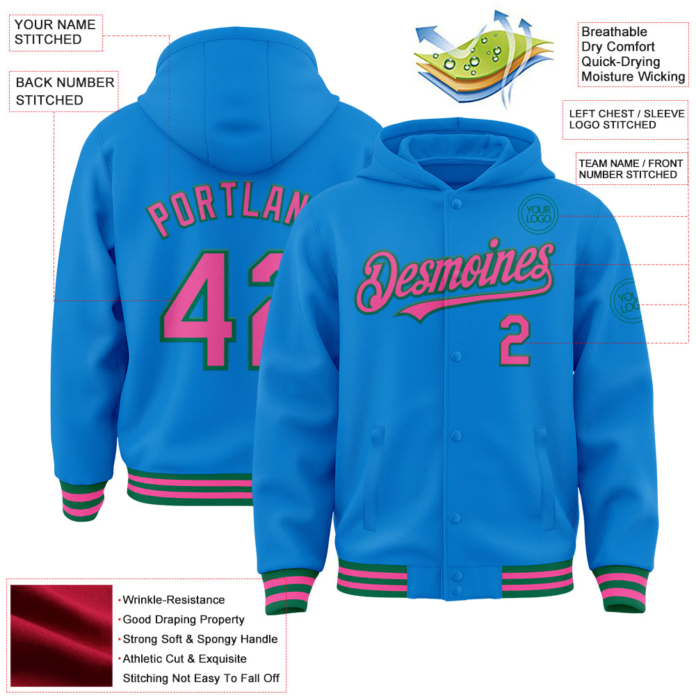 Custom Powder Blue Pink-Kelly Green Bomber Full-Snap Varsity Letterman Hoodie Jacket