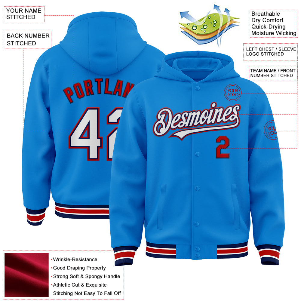 Custom Powder Blue Navy-Red Bomber Full-Snap Varsity Letterman Hoodie Jacket