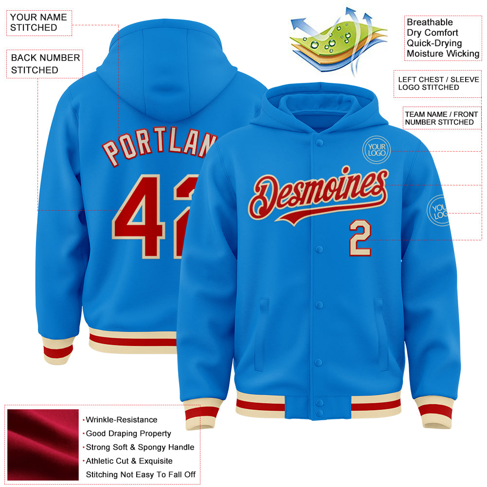 Custom Powder Blue Red-Cream Bomber Full-Snap Varsity Letterman Hoodie Jacket