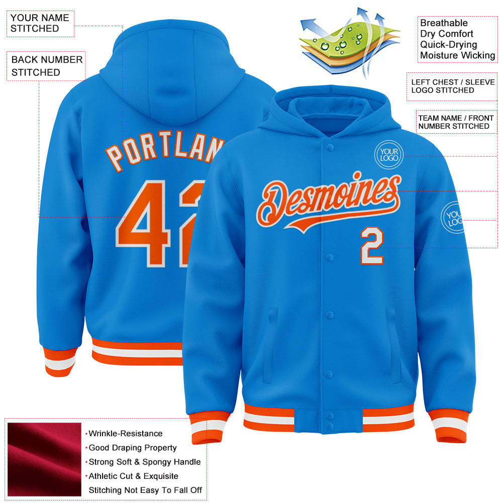 Custom Powder Blue Orange-White Bomber Full-Snap Varsity Letterman Hoodie Jacket