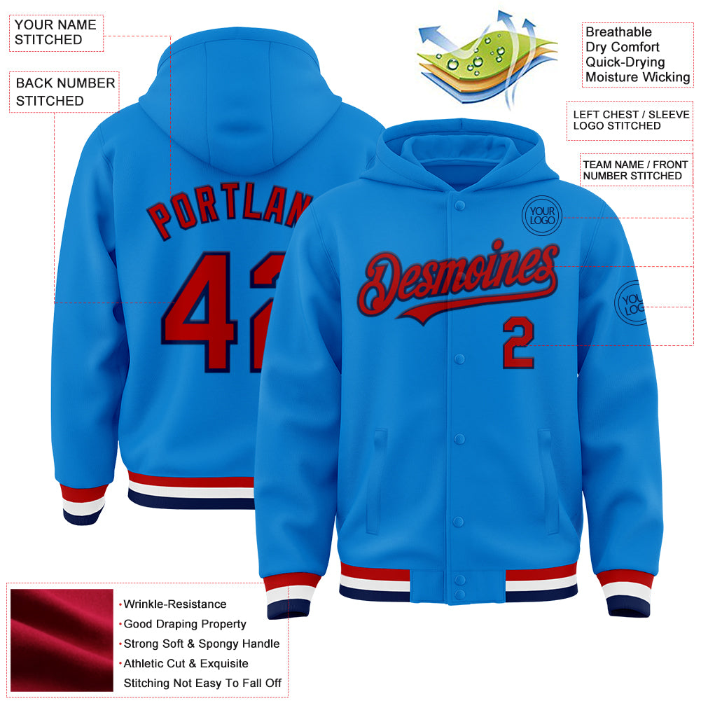 Custom Powder Blue Red-Navy Bomber Full-Snap Varsity Letterman Hoodie Jacket