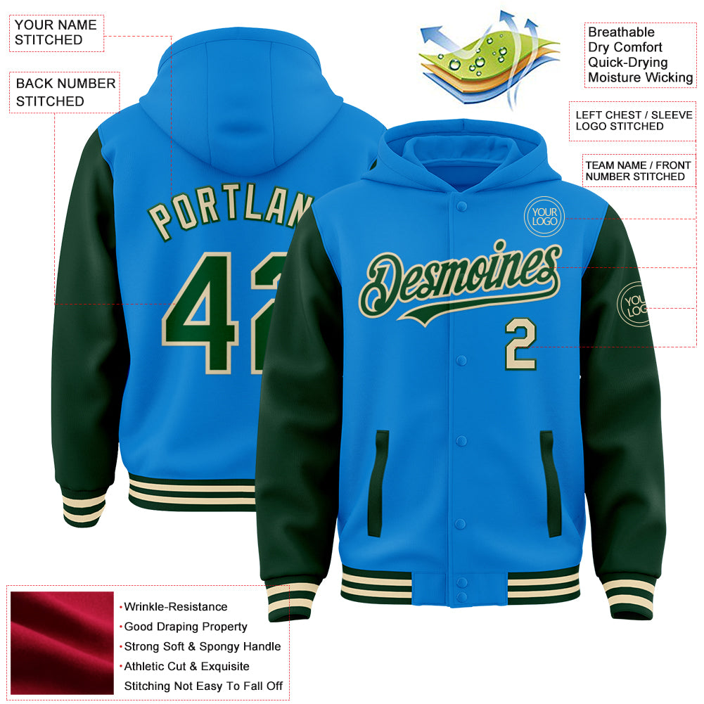 Custom Powder Blue Green-Cream Bomber Full-Snap Varsity Letterman Two Tone Hoodie Jacket