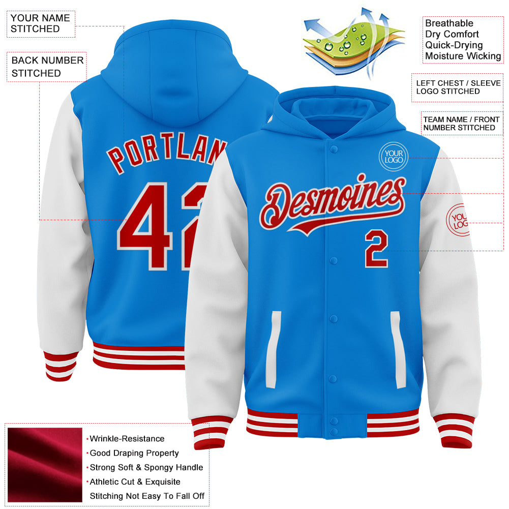 Custom Powder Blue Red-White Bomber Full-Snap Varsity Letterman Two Tone Hoodie Jacket