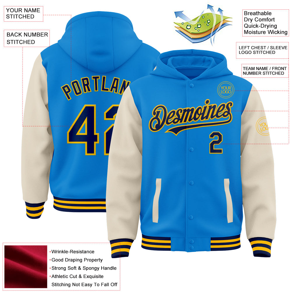 Custom Powder Blue Navy Cream-Gold Bomber Full-Snap Varsity Letterman Two Tone Hoodie Jacket