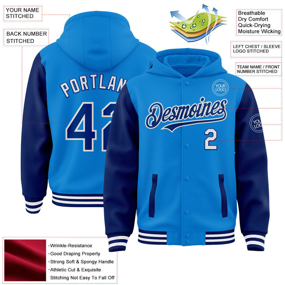 Custom Powder Blue Royal-White Bomber Full-Snap Varsity Letterman Two Tone Hoodie Jacket