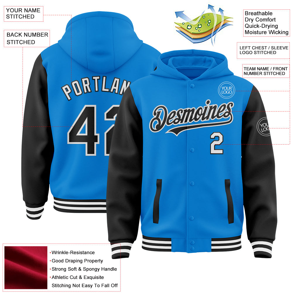 Custom Powder Blue Black-White Bomber Full-Snap Varsity Letterman Two Tone Hoodie Jacket