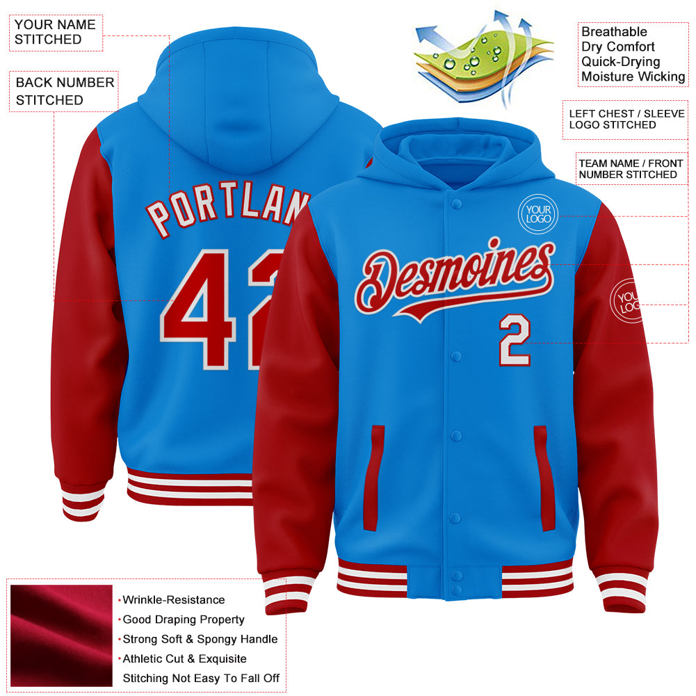 Custom Powder Blue Red-White Bomber Full-Snap Varsity Letterman Two Tone Hoodie Jacket