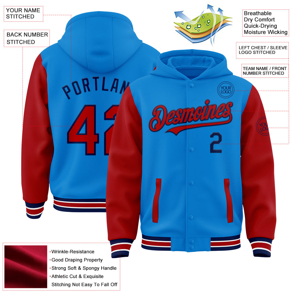 Custom Powder Blue Red-Navy Bomber Full-Snap Varsity Letterman Two Tone Hoodie Jacket