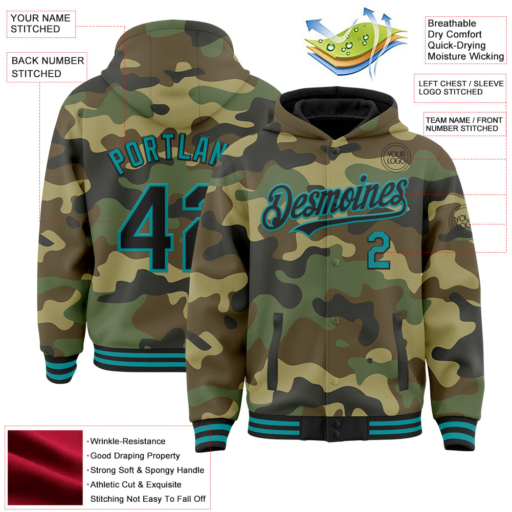 Custom Camo Black-Teal Bomber Full-Snap Varsity Letterman Salute To Service Hoodie Jacket