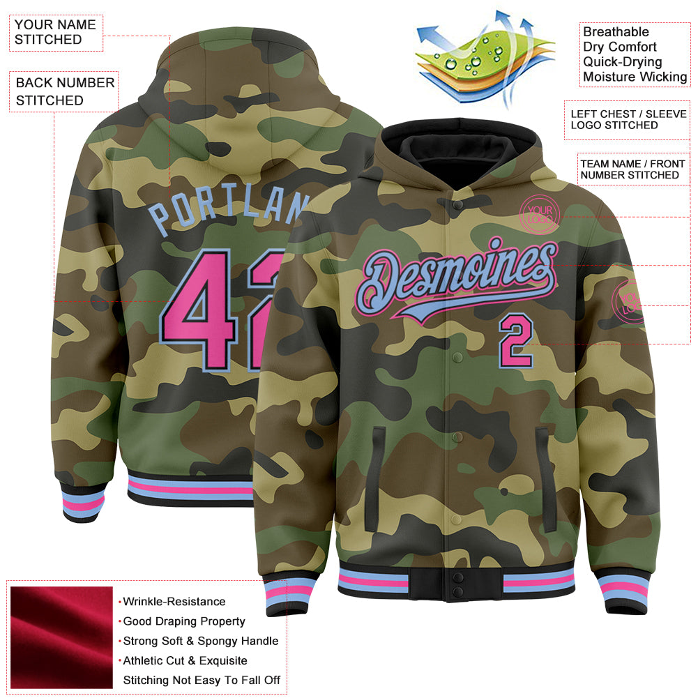 Custom Camo Pink Black-Light Blue Bomber Full-Snap Varsity Letterman Salute To Service Hoodie Jacket