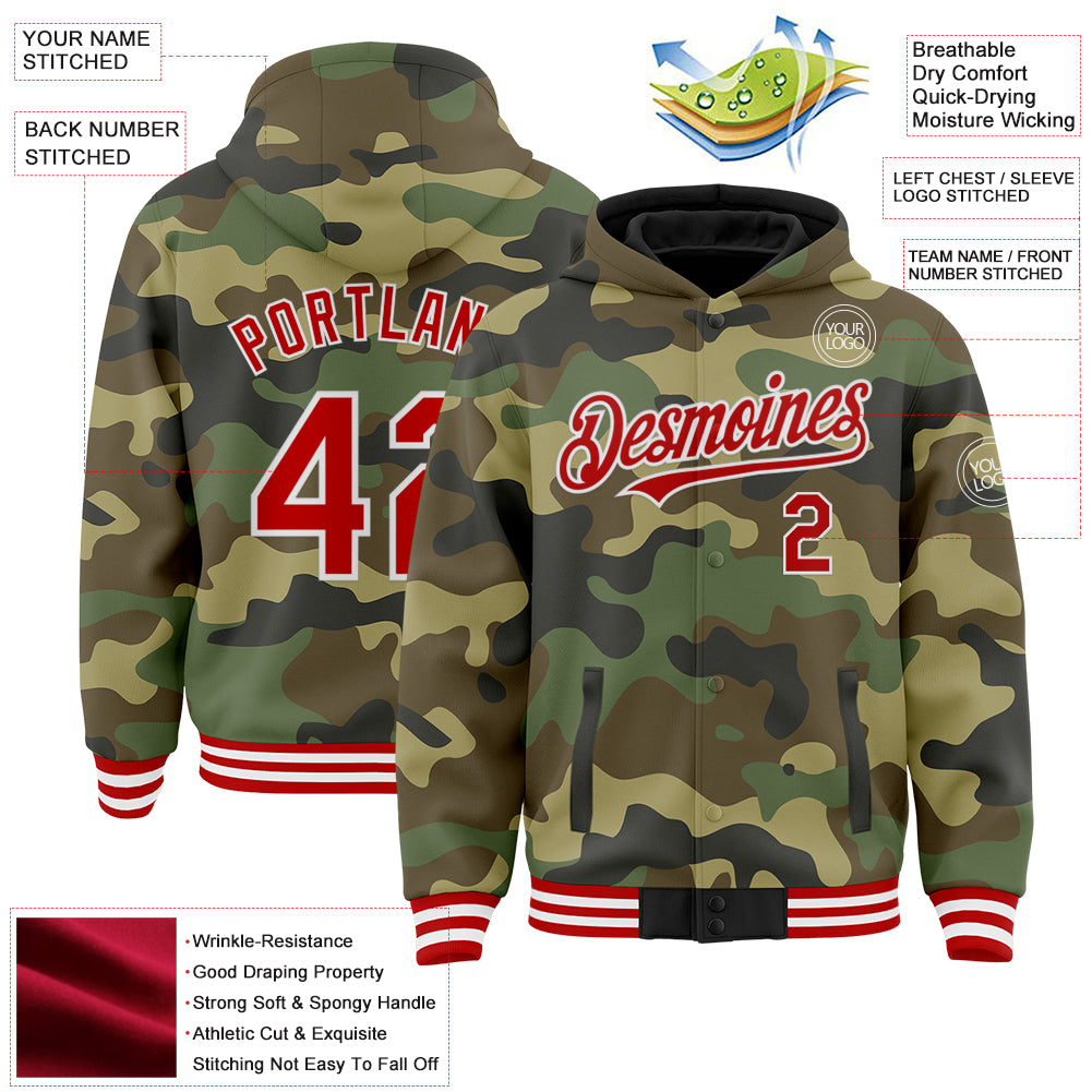 Custom Camo Red-White Bomber Full-Snap Varsity Letterman Salute To Service Hoodie Jacket