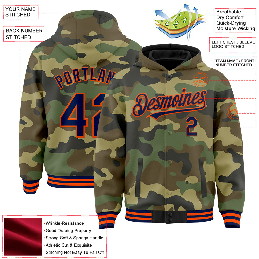 Custom Camo Navy-Orange Bomber Full-Snap Varsity Letterman Salute To Service Hoodie Jacket