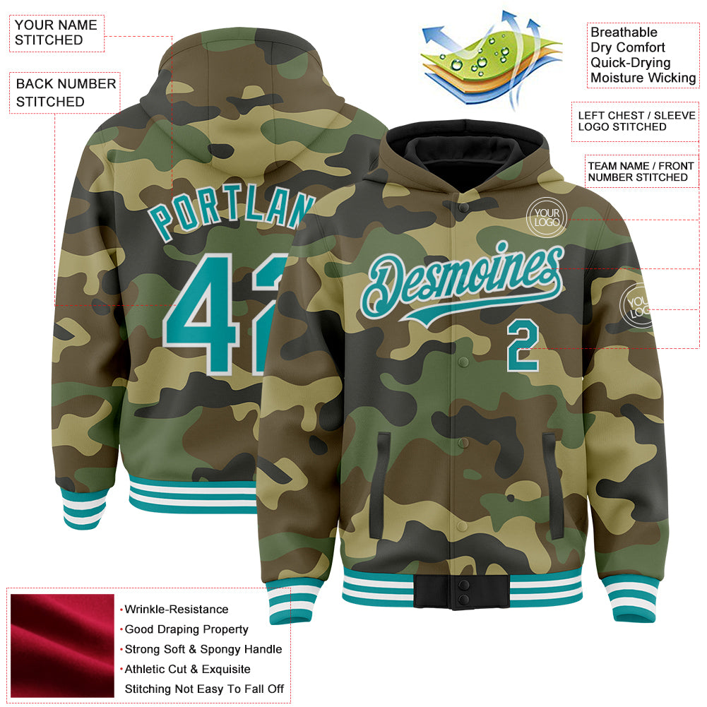 Custom Camo Teal-White Bomber Full-Snap Varsity Letterman Salute To Service Hoodie Jacket