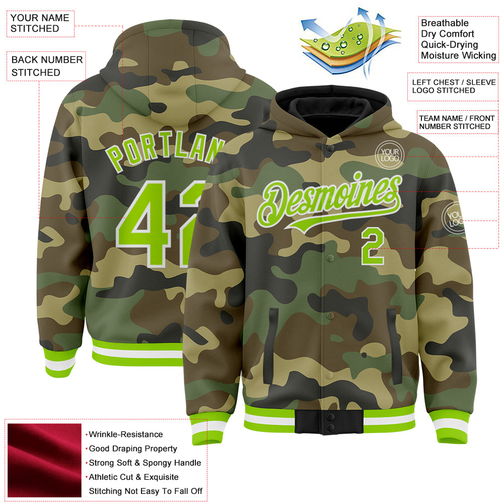 Custom Camo Neon Green-White Bomber Full-Snap Varsity Letterman Salute To Service Hoodie Jacket