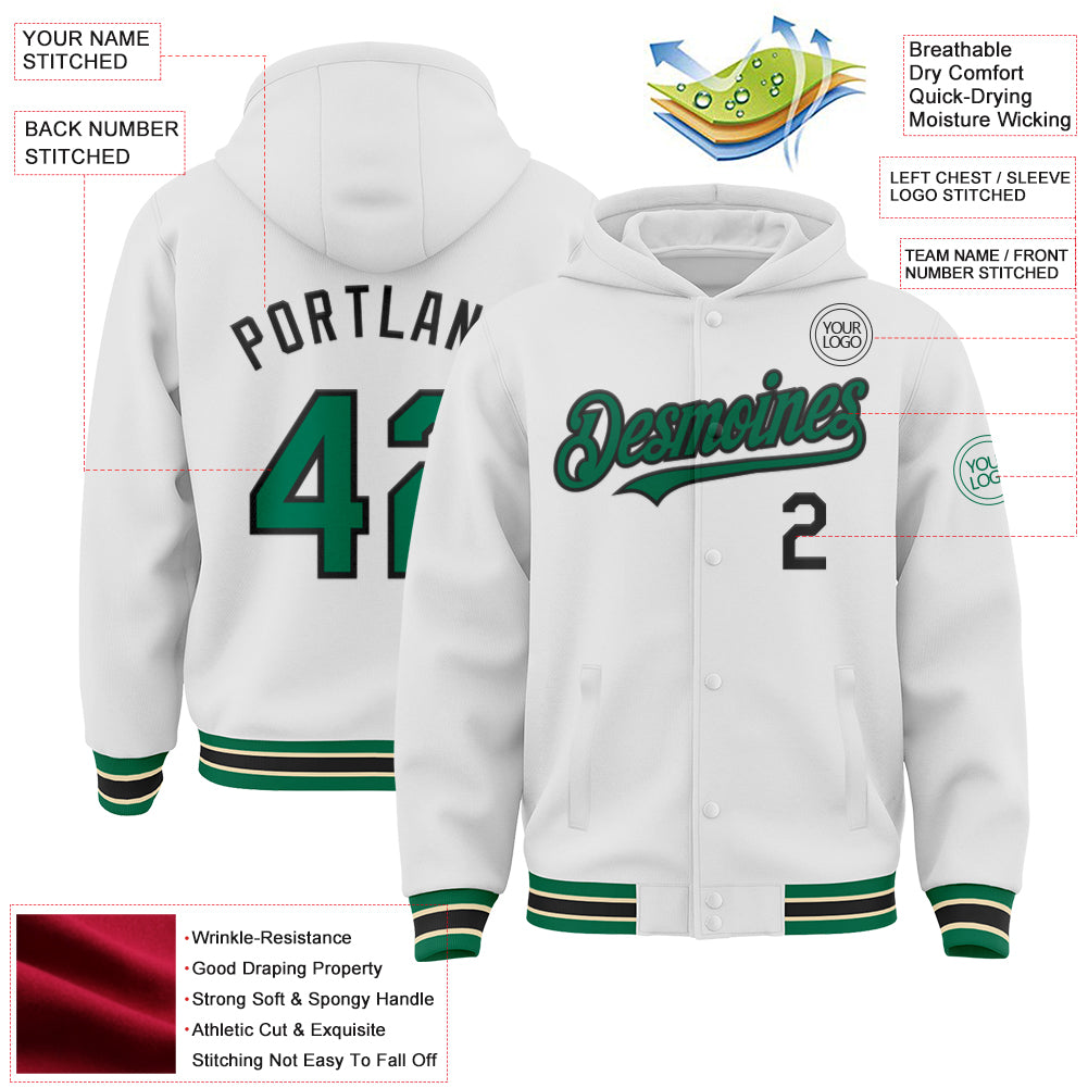 Custom White Kelly Green Black-Cream Bomber Full-Snap Varsity Letterman Hoodie Jacket