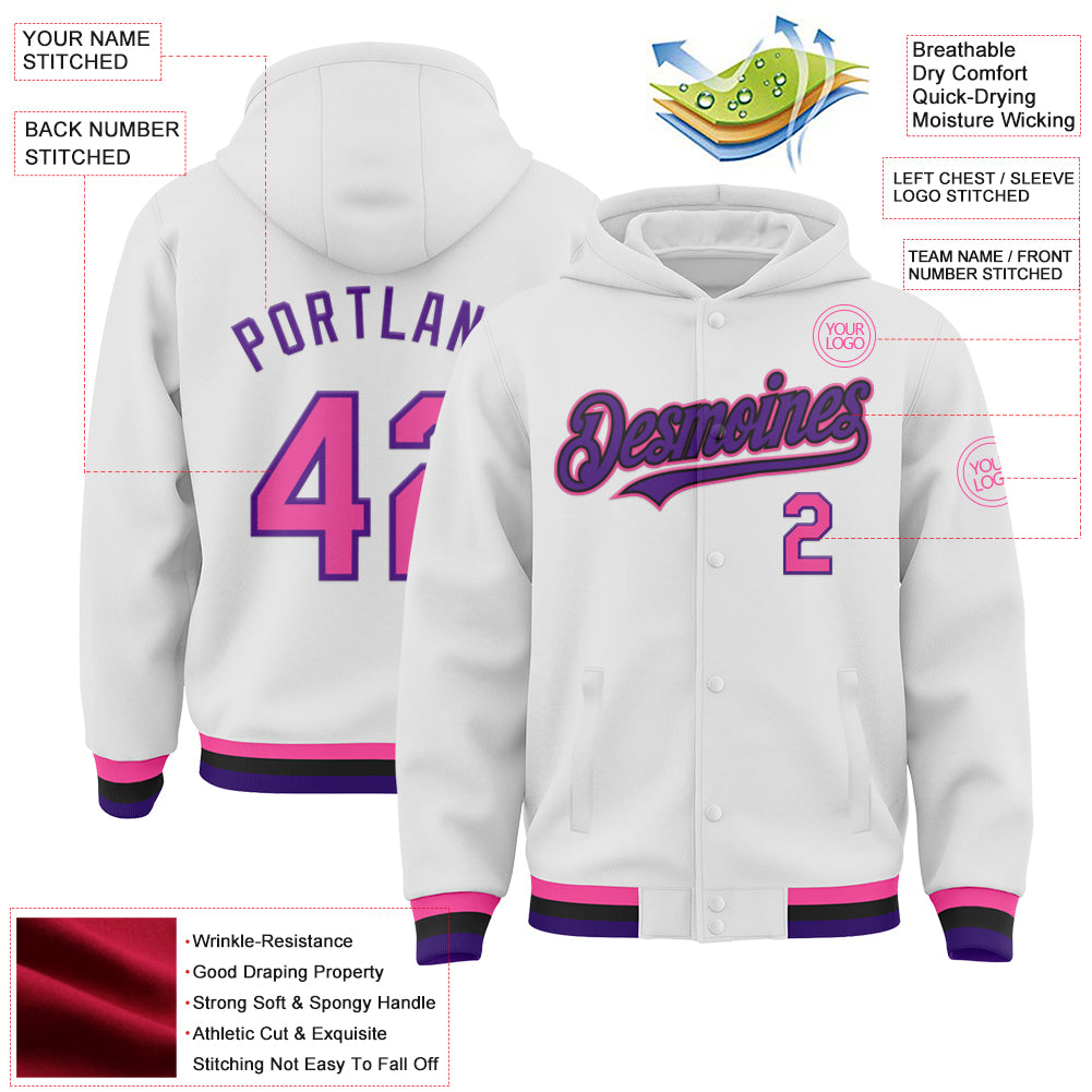 Custom White Pink Purple-Black Bomber Full-Snap Varsity Letterman Hoodie Jacket