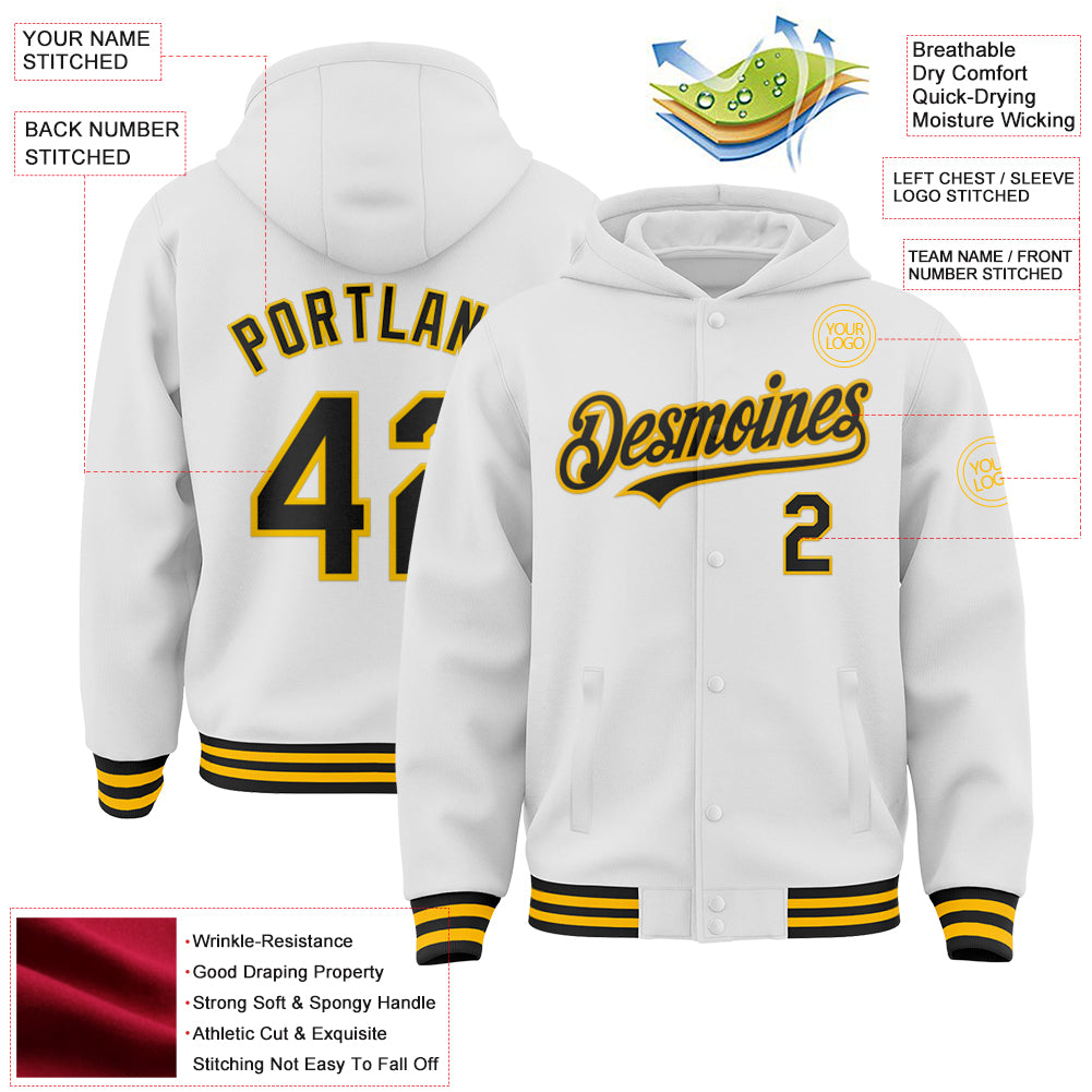 Custom White Black-Gold Bomber Full-Snap Varsity Letterman Hoodie Jacket