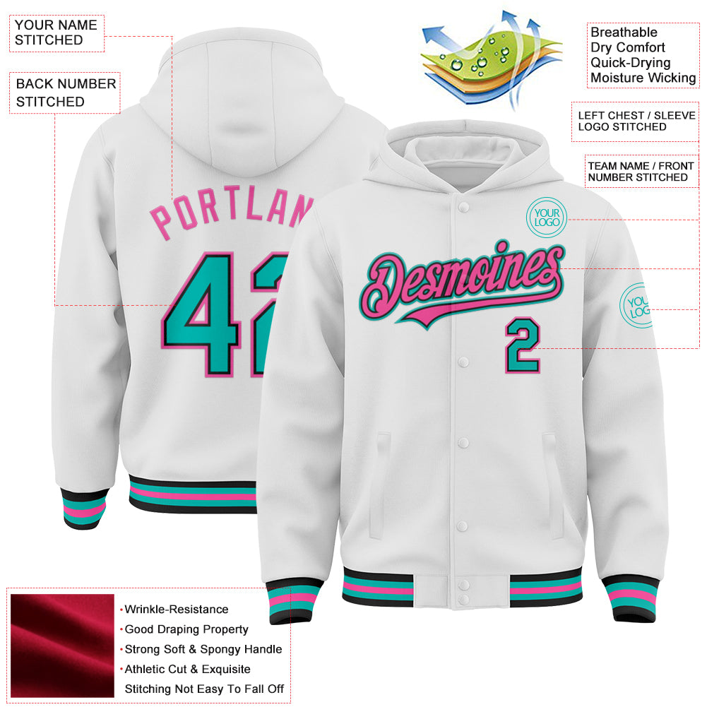 Custom White Aqua Black-Pink Bomber Full-Snap Varsity Letterman Hoodie Jacket