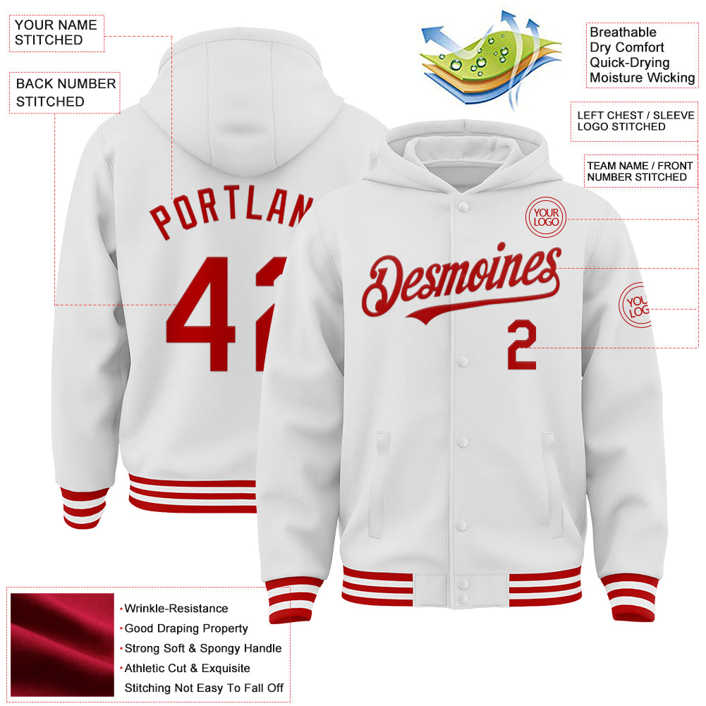 Custom White Red Bomber Full-Snap Varsity Letterman Hoodie Jacket