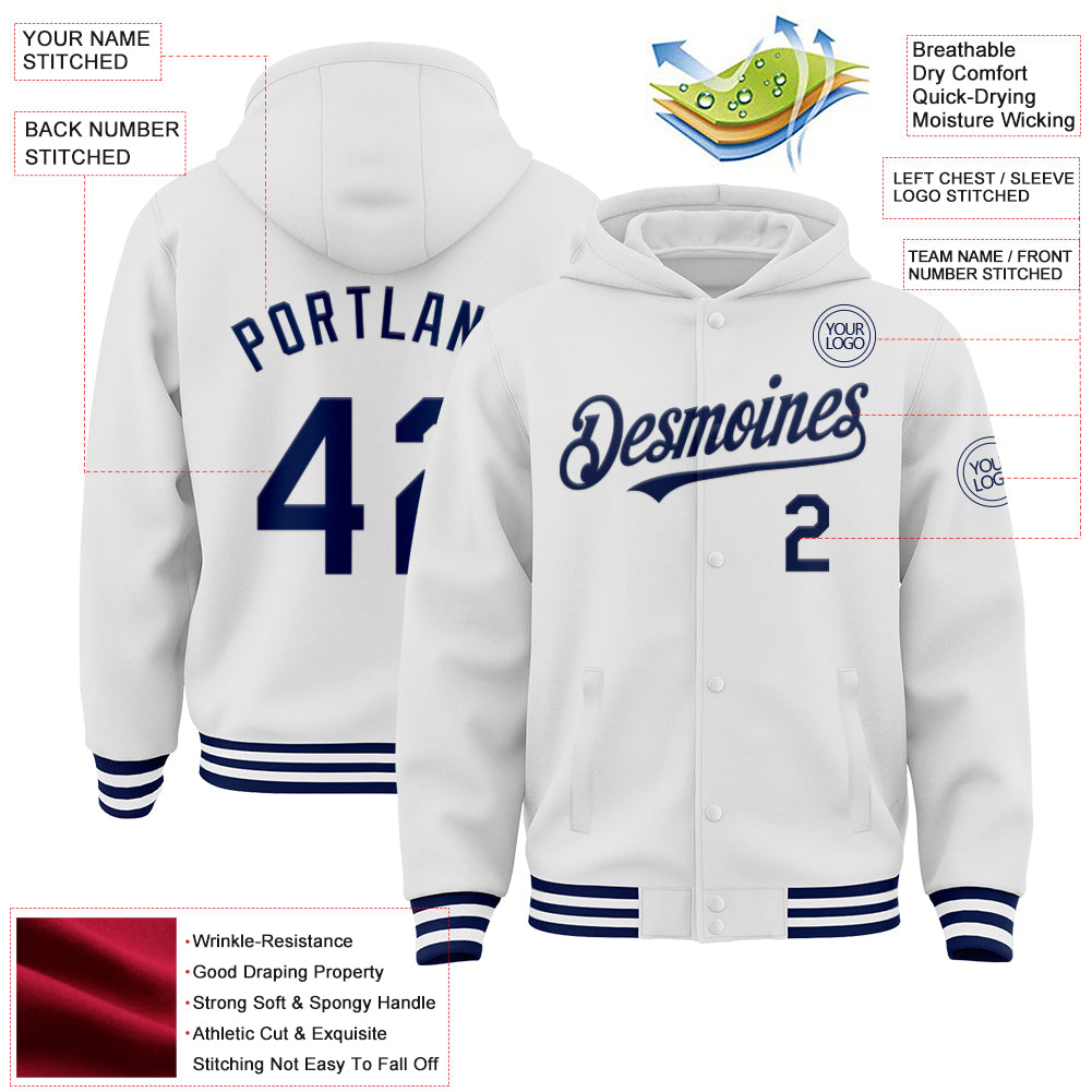 Custom White Navy Bomber Full-Snap Varsity Letterman Hoodie Jacket