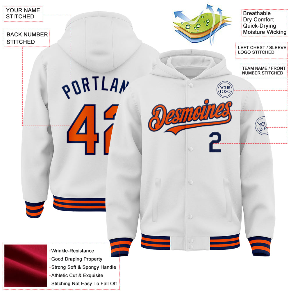 Custom White Orange-Navy Bomber Full-Snap Varsity Letterman Hoodie Jacket