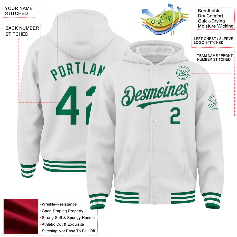 Custom White Kelly Green Bomber Full-Snap Varsity Letterman Hoodie Jacket