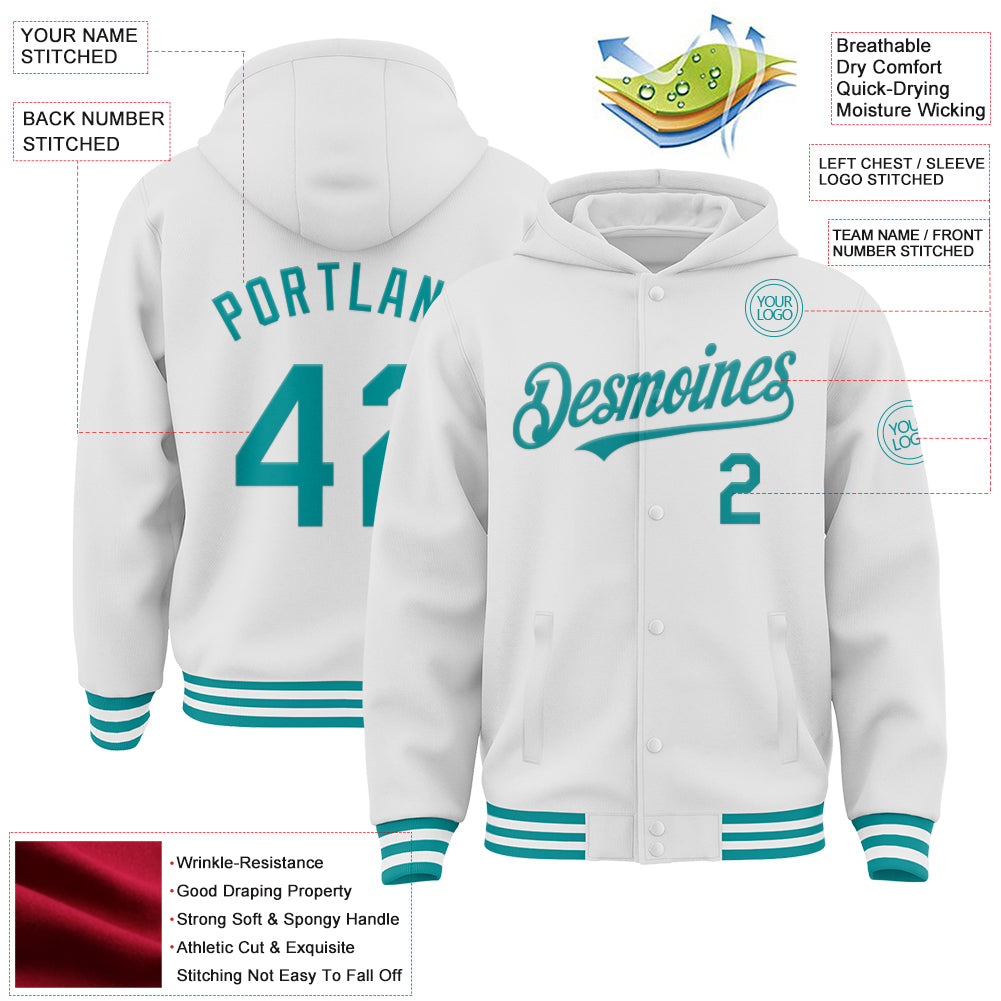 Custom White Teal Bomber Full-Snap Varsity Letterman Hoodie Jacket