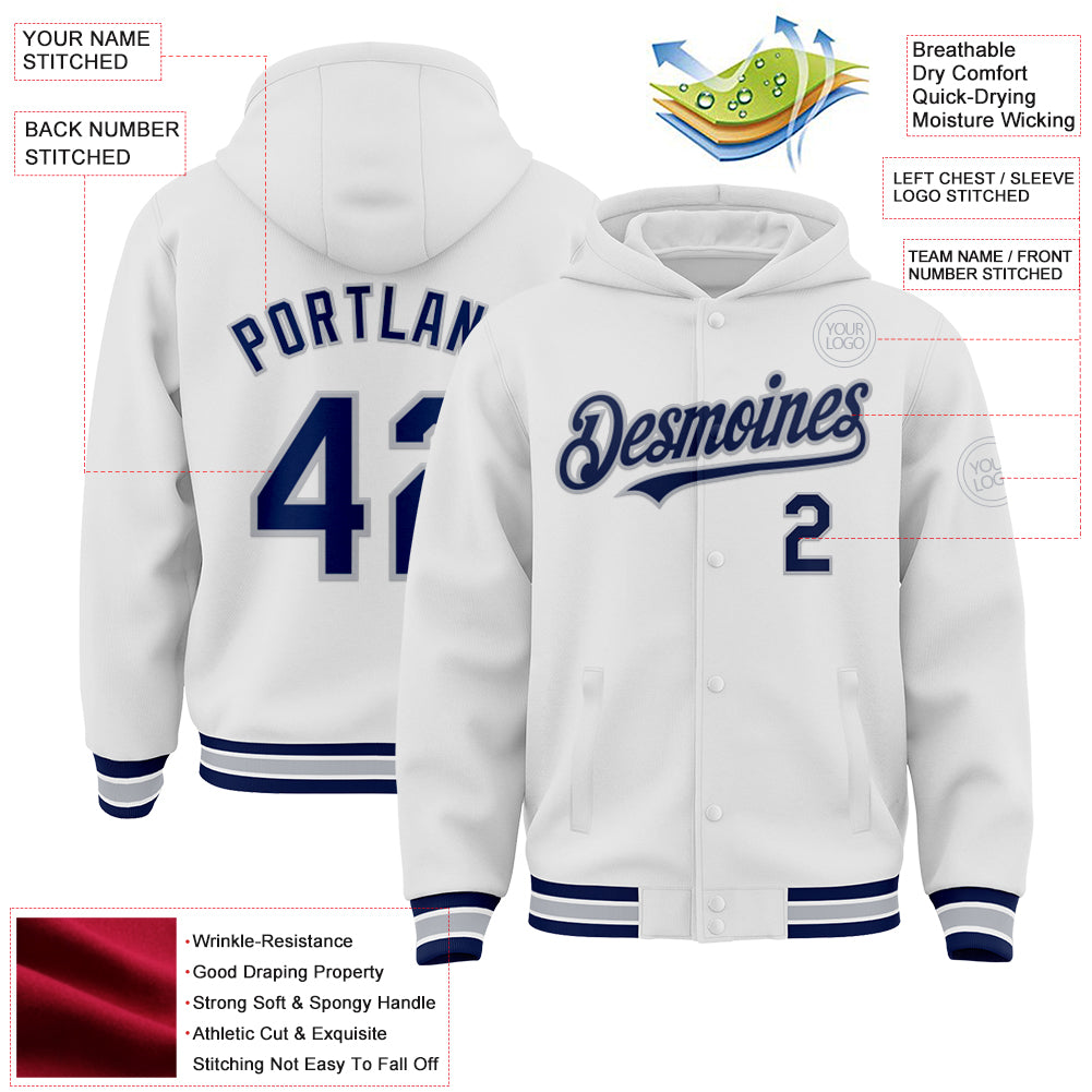 Custom White Navy-Gray Bomber Full-Snap Varsity Letterman Hoodie Jacket