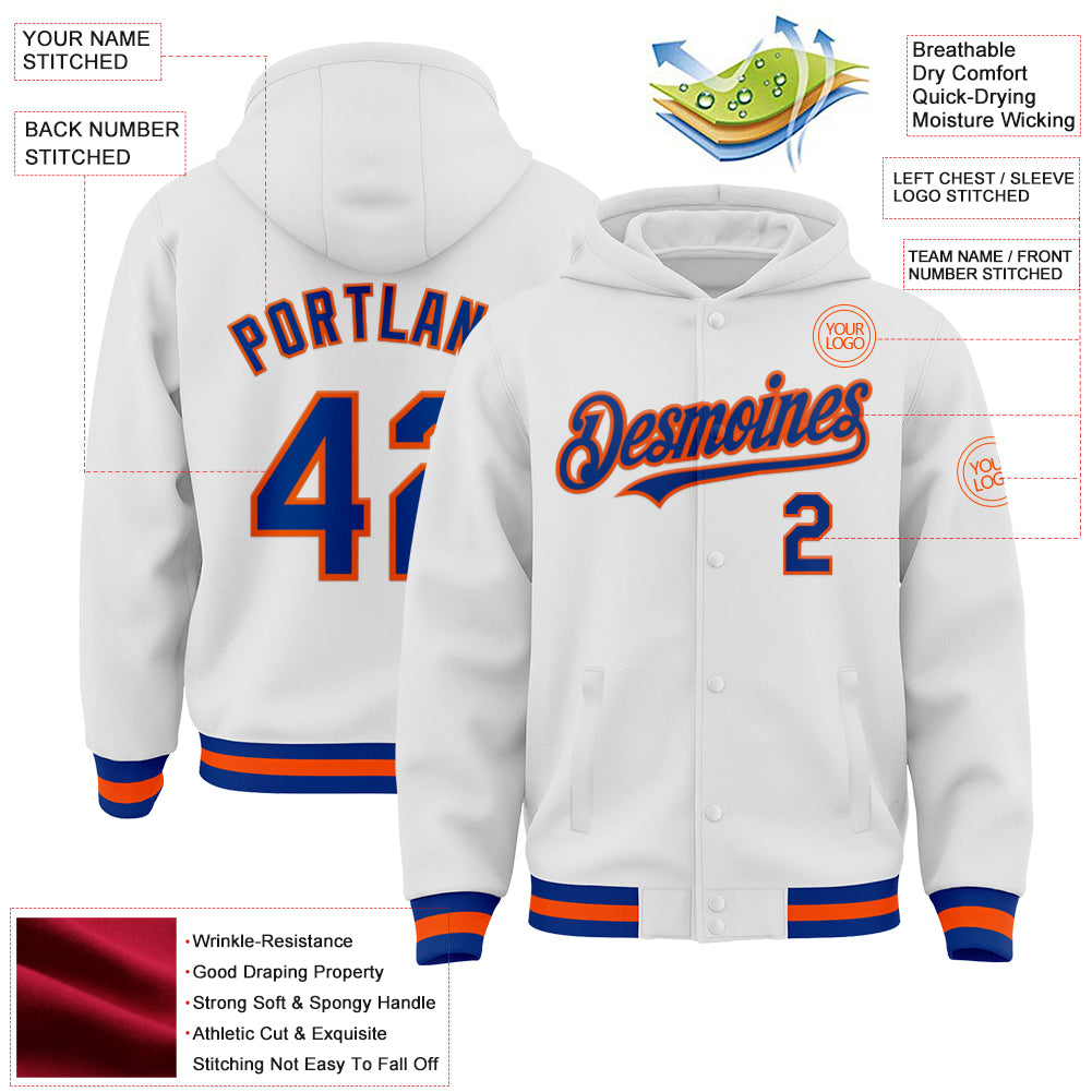 Custom White Royal-Orange Bomber Full-Snap Varsity Letterman Hoodie Jacket