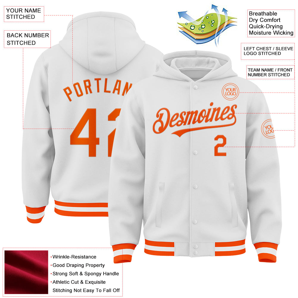 Custom White Orange Bomber Full-Snap Varsity Letterman Hoodie Jacket