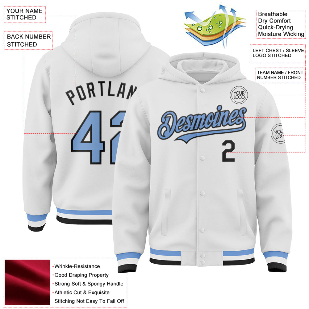 Custom White Light Blue-Black Bomber Full-Snap Varsity Letterman Hoodie Jacket