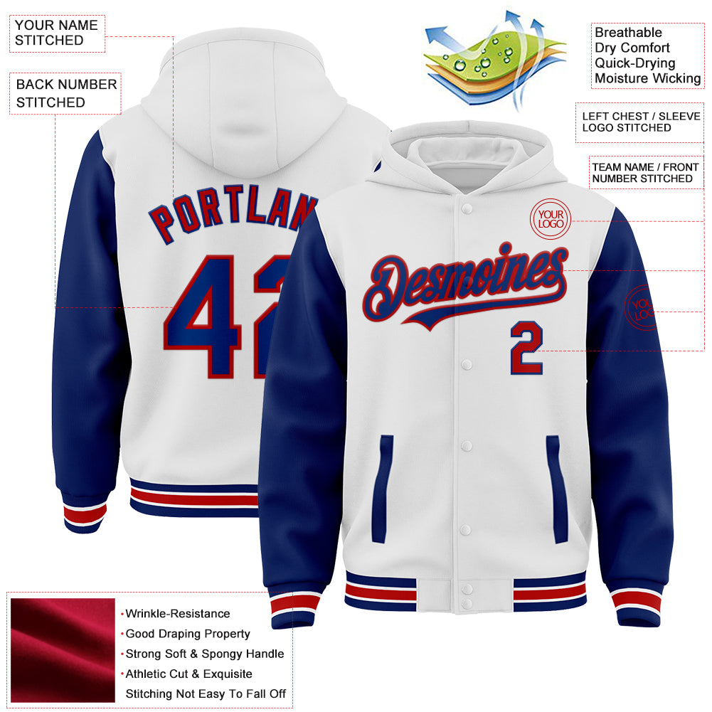 Custom White Royal-Red Bomber Full-Snap Varsity Letterman Two Tone Hoodie Jacket