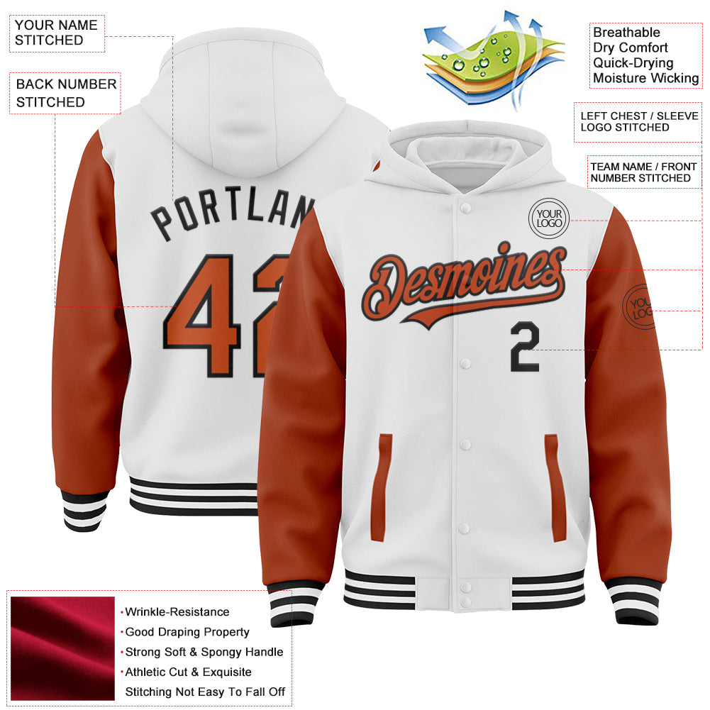 Custom White Texas Orange-Black Bomber Full-Snap Varsity Letterman Two Tone Hoodie Jacket