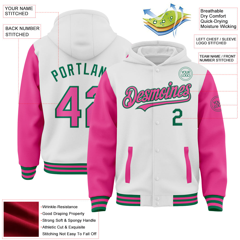 Custom White Pink-Kelly Green Bomber Full-Snap Varsity Letterman Two Tone Hoodie Jacket