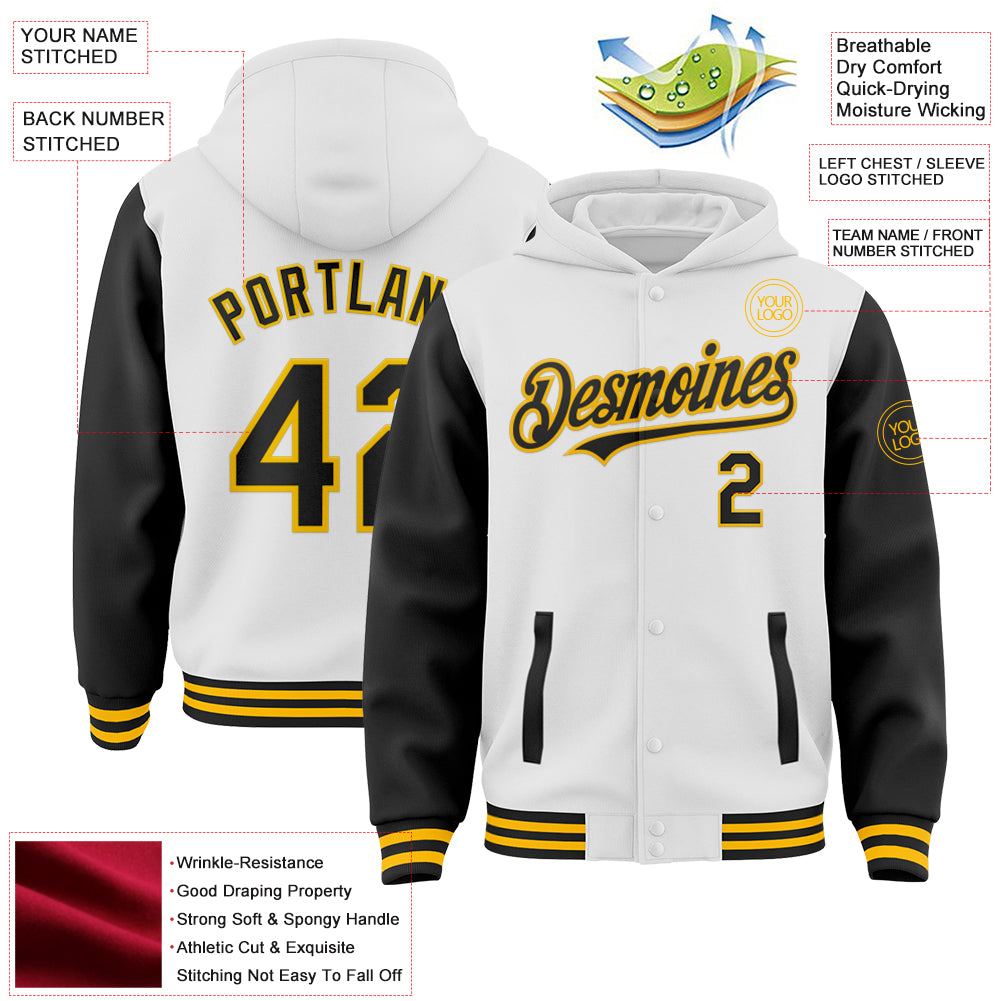 Custom White Black-Gold Bomber Full-Snap Varsity Letterman Two Tone Hoodie Jacket