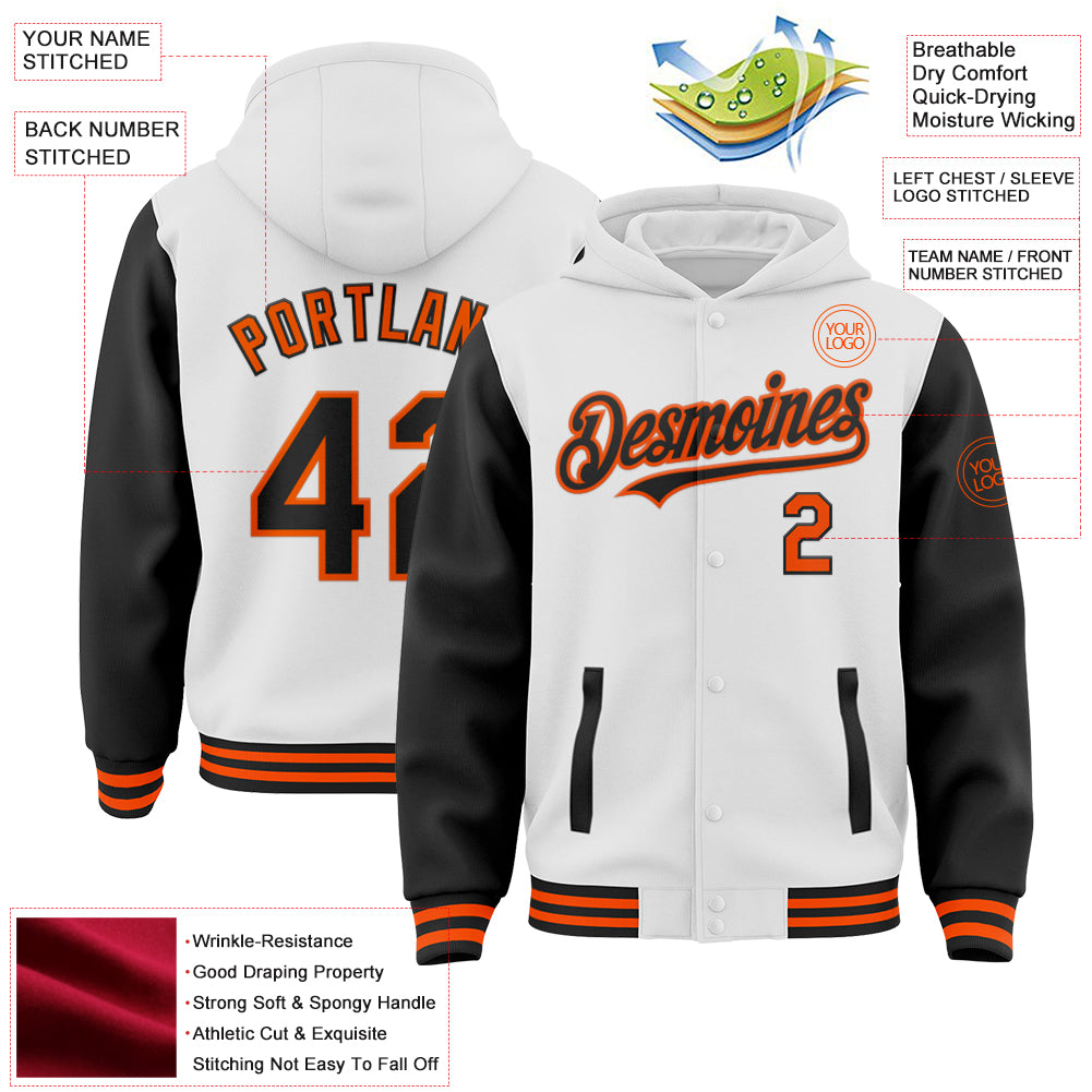 Custom White Black-Orange Bomber Full-Snap Varsity Letterman Two Tone Hoodie Jacket