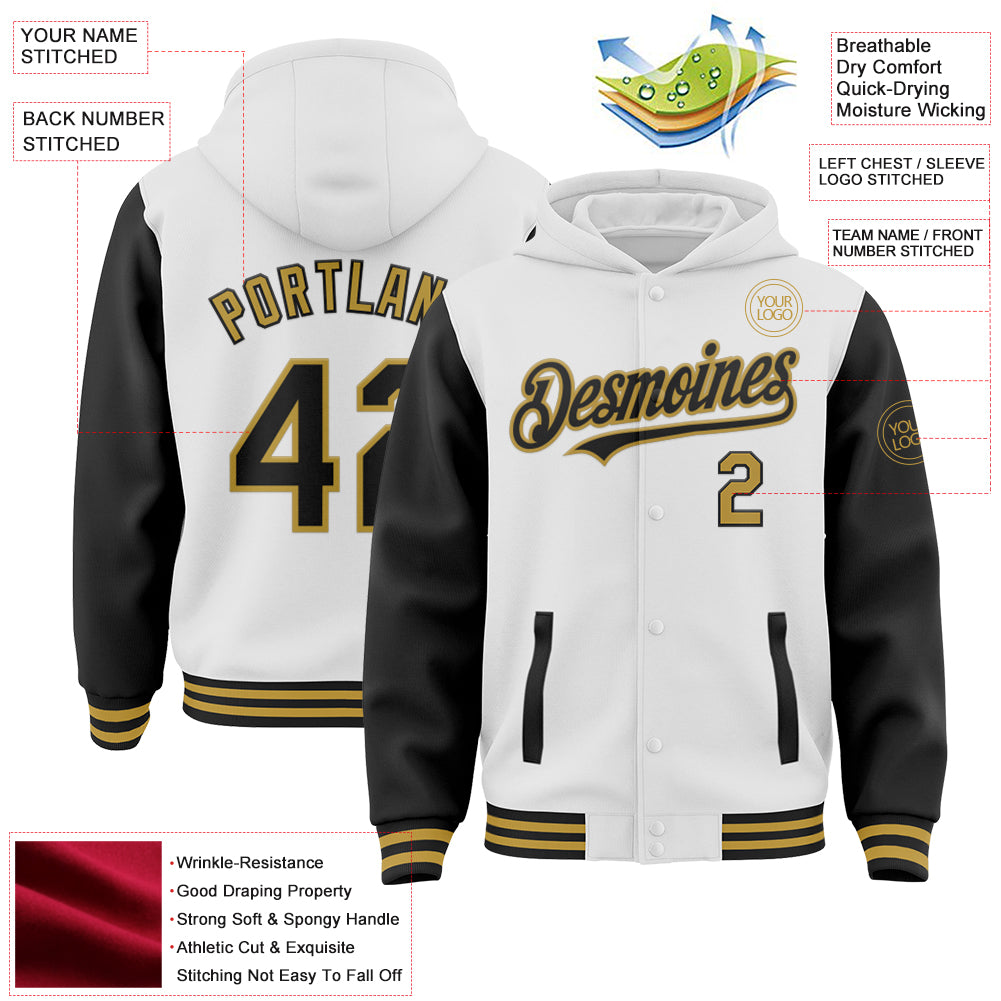 Custom White Black-Old Gold Bomber Full-Snap Varsity Letterman Two Tone Hoodie Jacket