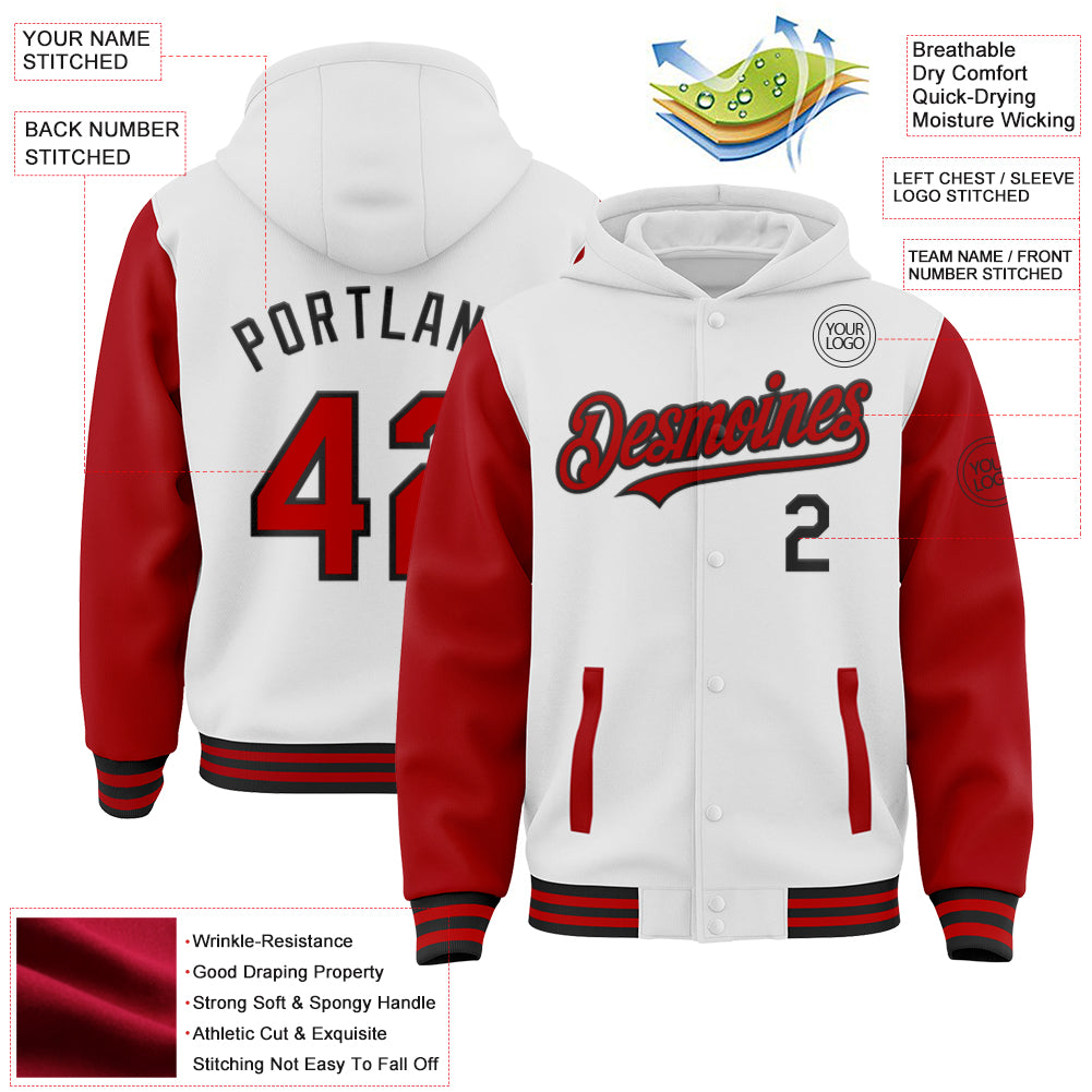 Custom White Red-Black Bomber Full-Snap Varsity Letterman Two Tone Hoodie Jacket