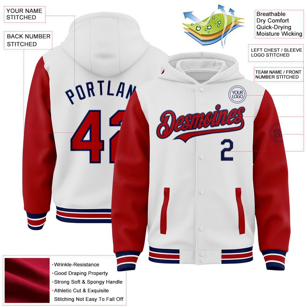 Custom White Red-Navy Bomber Full-Snap Varsity Letterman Two Tone Hoodie Jacket