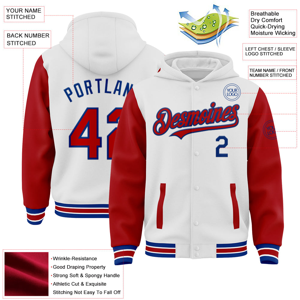 Custom White Red-Royal Bomber Full-Snap Varsity Letterman Two Tone Hoodie Jacket