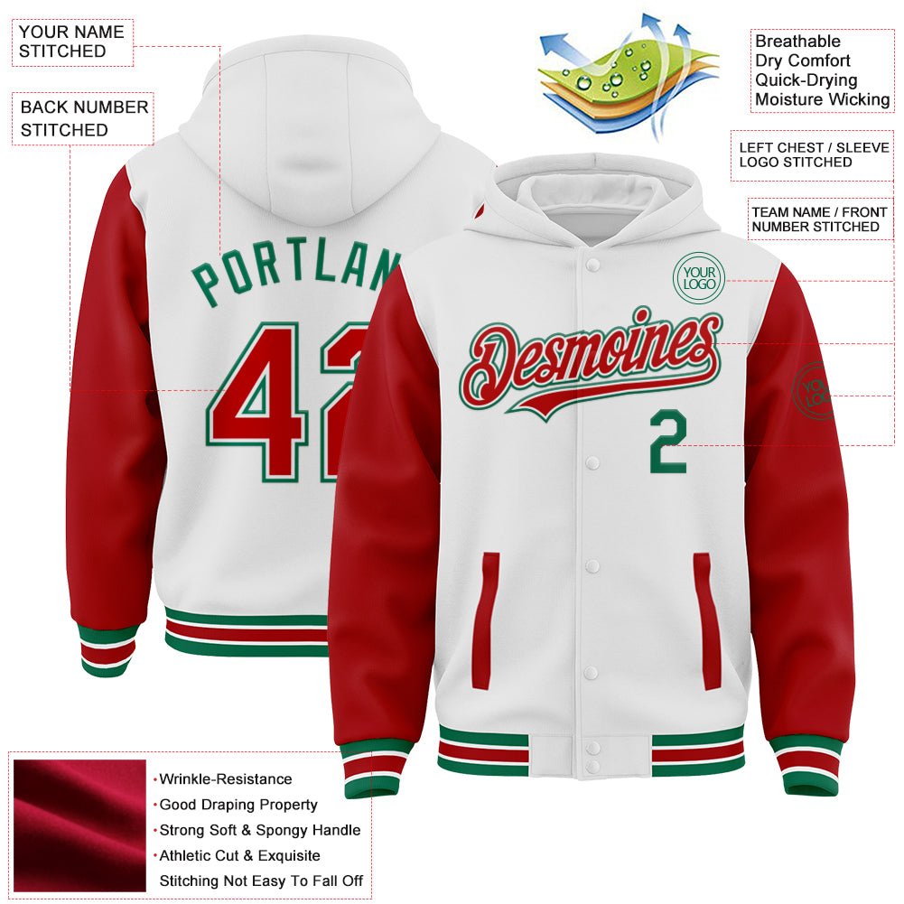 Custom White Red-Kelly Green Bomber Full-Snap Varsity Letterman Two Tone Hoodie Jacket