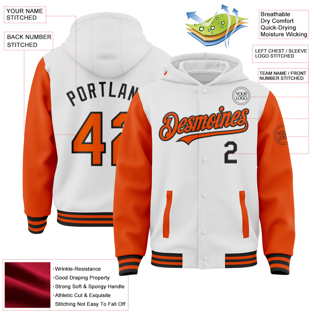 Custom White Orange-Black Bomber Full-Snap Varsity Letterman Two Tone Hoodie Jacket