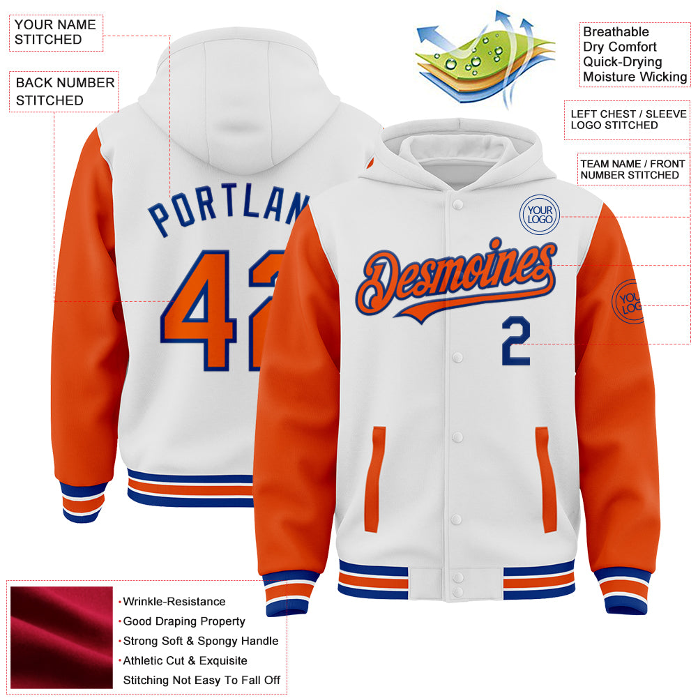 Custom White Orange-Royal Bomber Full-Snap Varsity Letterman Two Tone Hoodie Jacket