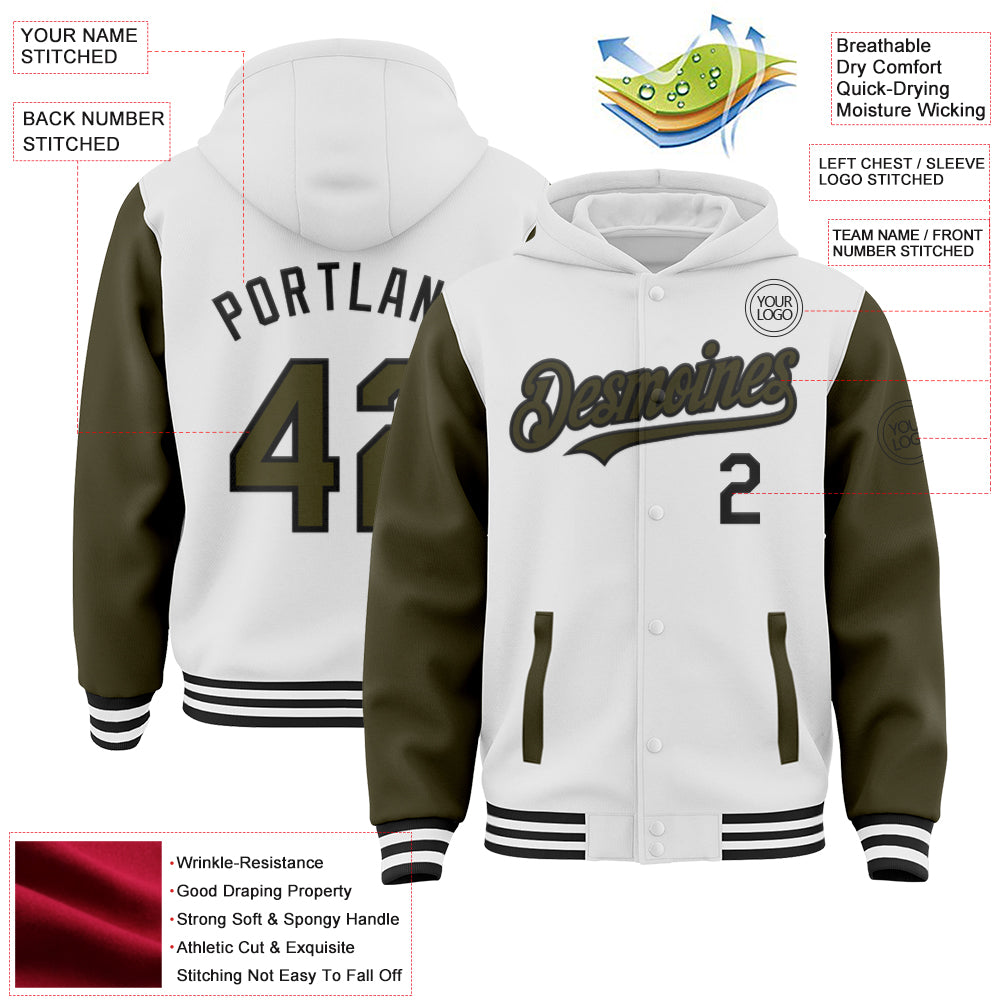 Custom White Olive-Black Bomber Full-Snap Varsity Letterman Two Tone Hoodie Jacket