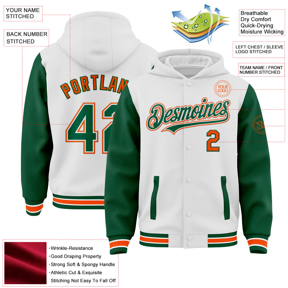 Custom White Kelly Green-Orange Bomber Full-Snap Varsity Letterman Two Tone Hoodie Jacket