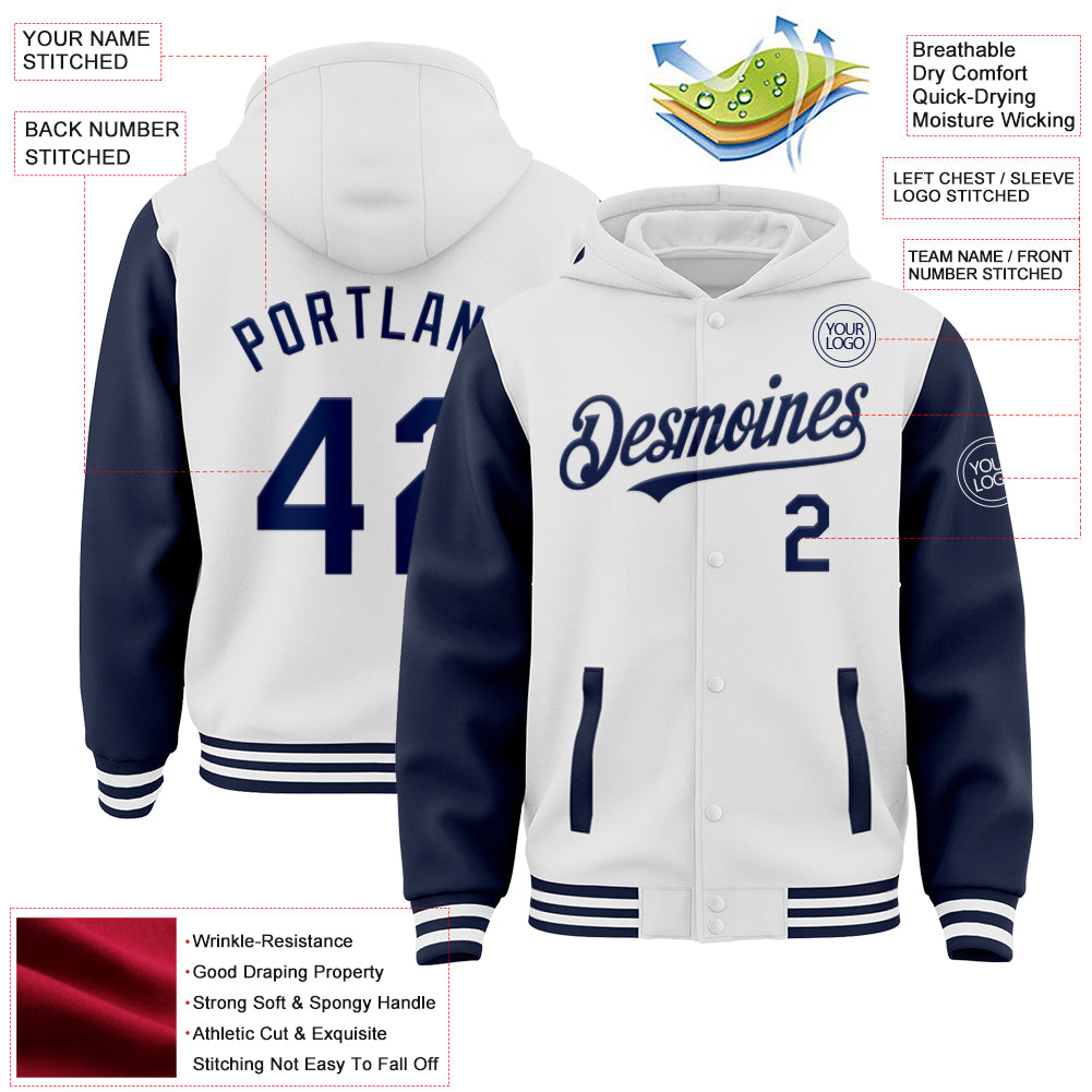 Custom White Navy Bomber Full-Snap Varsity Letterman Two Tone Hoodie Jacket