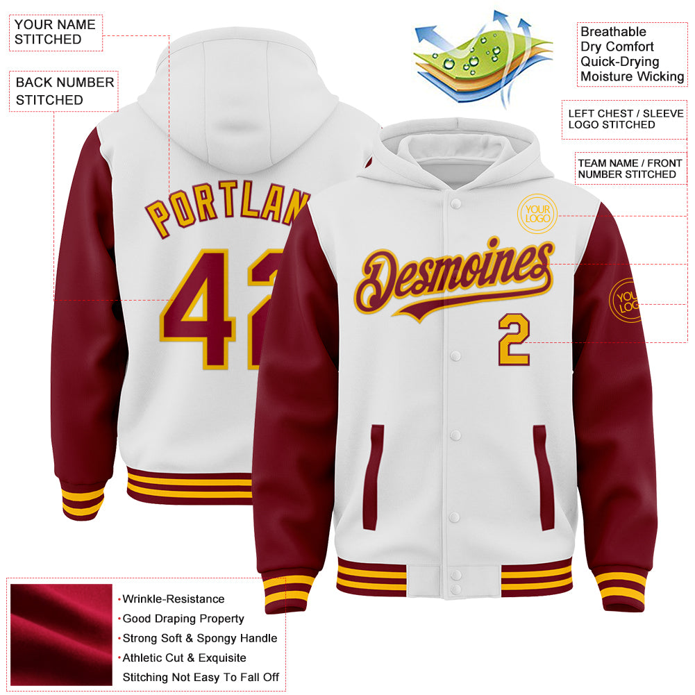 Custom White Crimson-Gold Bomber Full-Snap Varsity Letterman Two Tone Hoodie Jacket