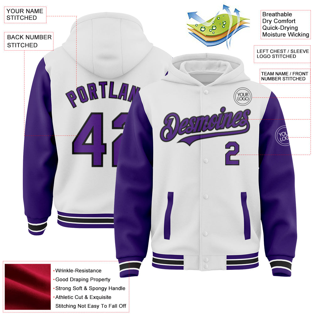 Custom White Purple-Black Bomber Full-Snap Varsity Letterman Two Tone Hoodie Jacket