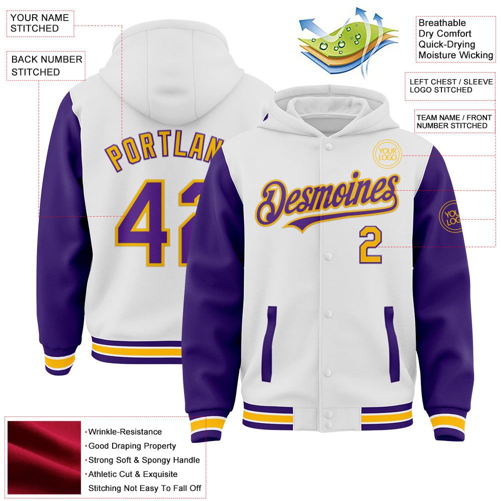 Custom White Purple-Gold Bomber Full-Snap Varsity Letterman Two Tone Hoodie Jacket